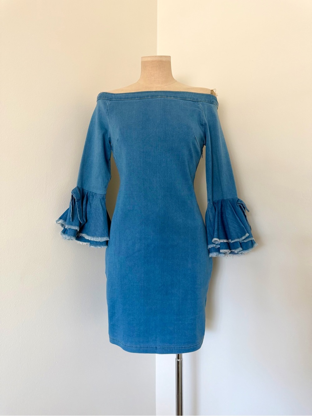 Off-Shoulder Blue Denim Dress with Ruffle Bell Sleeves